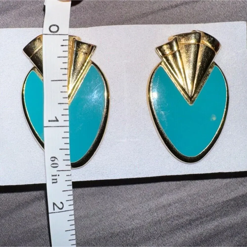 EARRINGS VTG 1980's Art Deco Turquoise Enamel 1.5